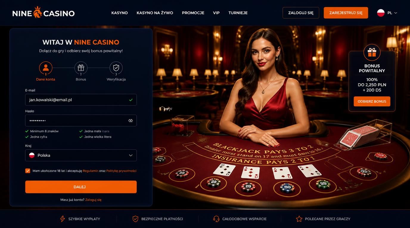 Interfejs rejestracji z formularzem w języku polskim i klimatem Live Casino