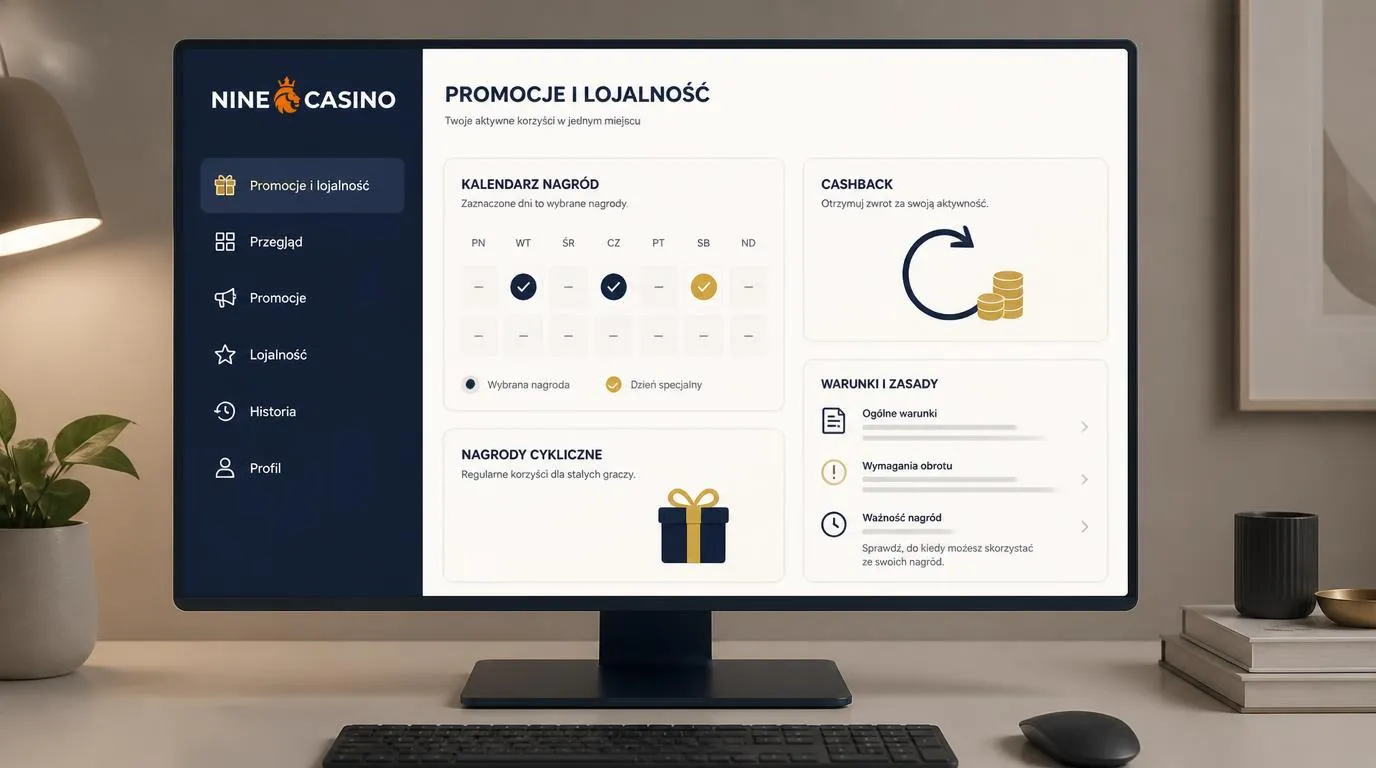 Panel promocji kasynowych z kalendarzem nagród tygodniowych, kartą cashbacku i warunkami bonusów