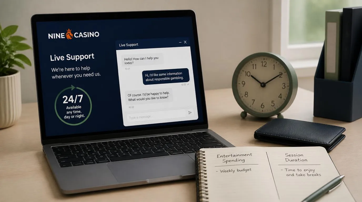 Laptop z oknem czatu dostępnym 24/7 obok zegara i notesu z planem czasu oraz budżetu na rozrywkę